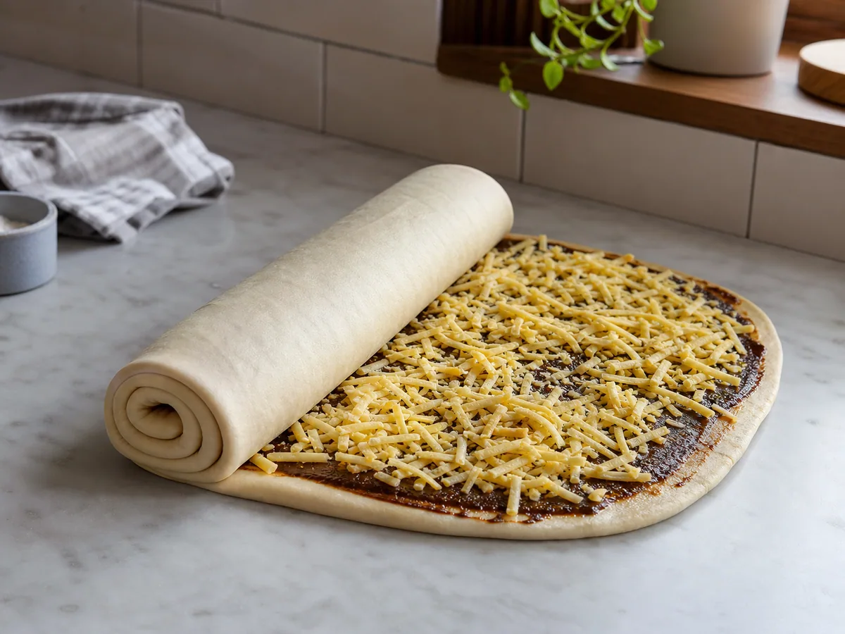 Vegemite yeast extract spread and mature cheddar for filling layered over rolled breakfast-scroll dough