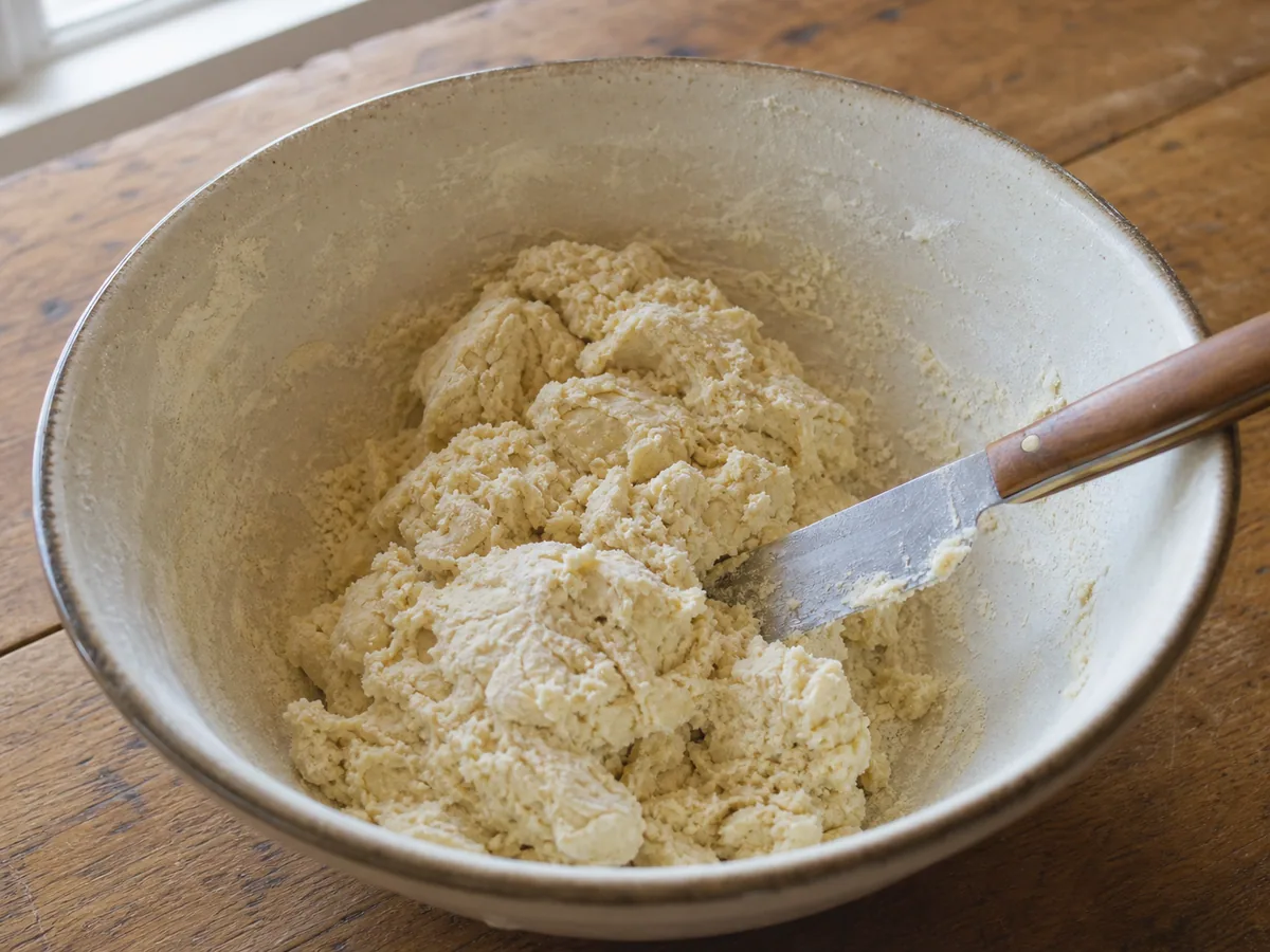 Just-combined soft dough with visible coarse butter-flour crumbs for Vegemite cheddar breakfast scrolls