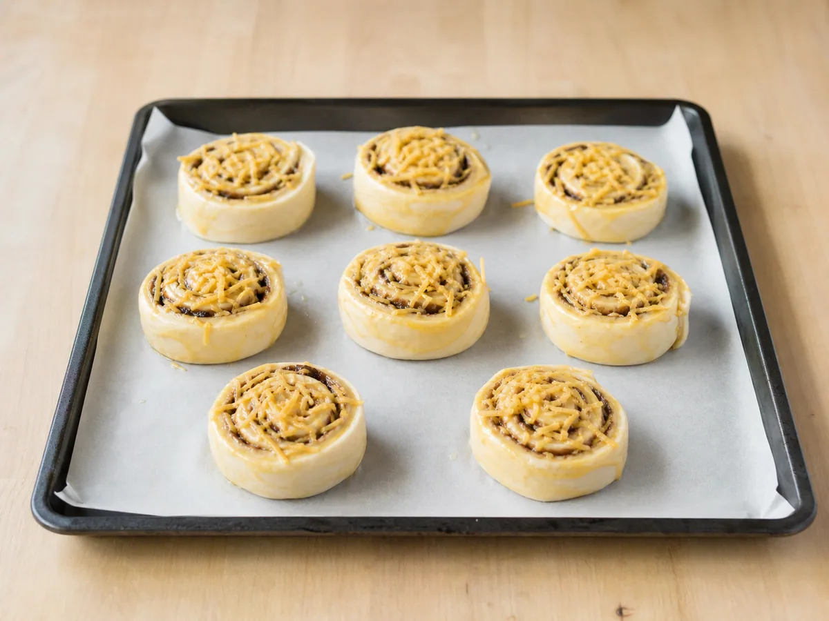 Eight unbaked Vegemite cheddar scroll rounds arranged cut-side up on a lined tray