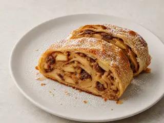 Fatias quentes de strudel austríaco de maçã polvilhadas com açúcar de confeiteiro