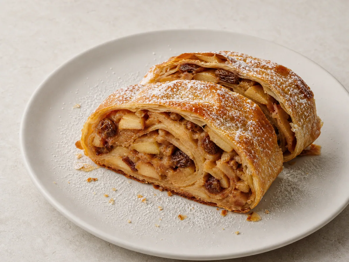 Warm slices of Austrian apple strudel dusted with powdered sugar