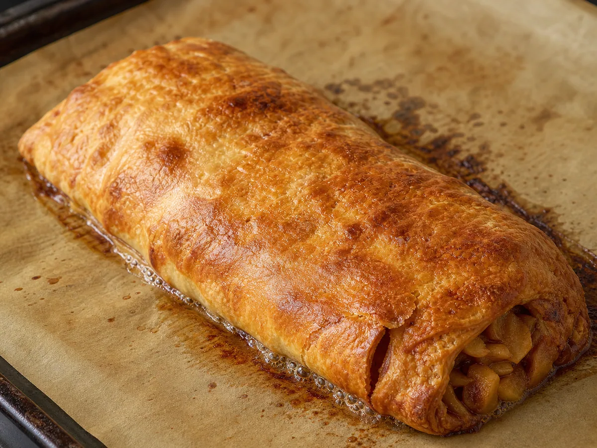 Deeply golden baked Austrian apple strudel on a parchment-lined tray