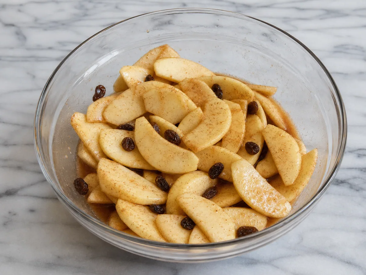 Thin apple slices mixed with raisins and cinnamon for Austrian apple strudel