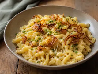 Käsespätzle austríaco coberto com cebolas caramelizadas e cebolinha fresca