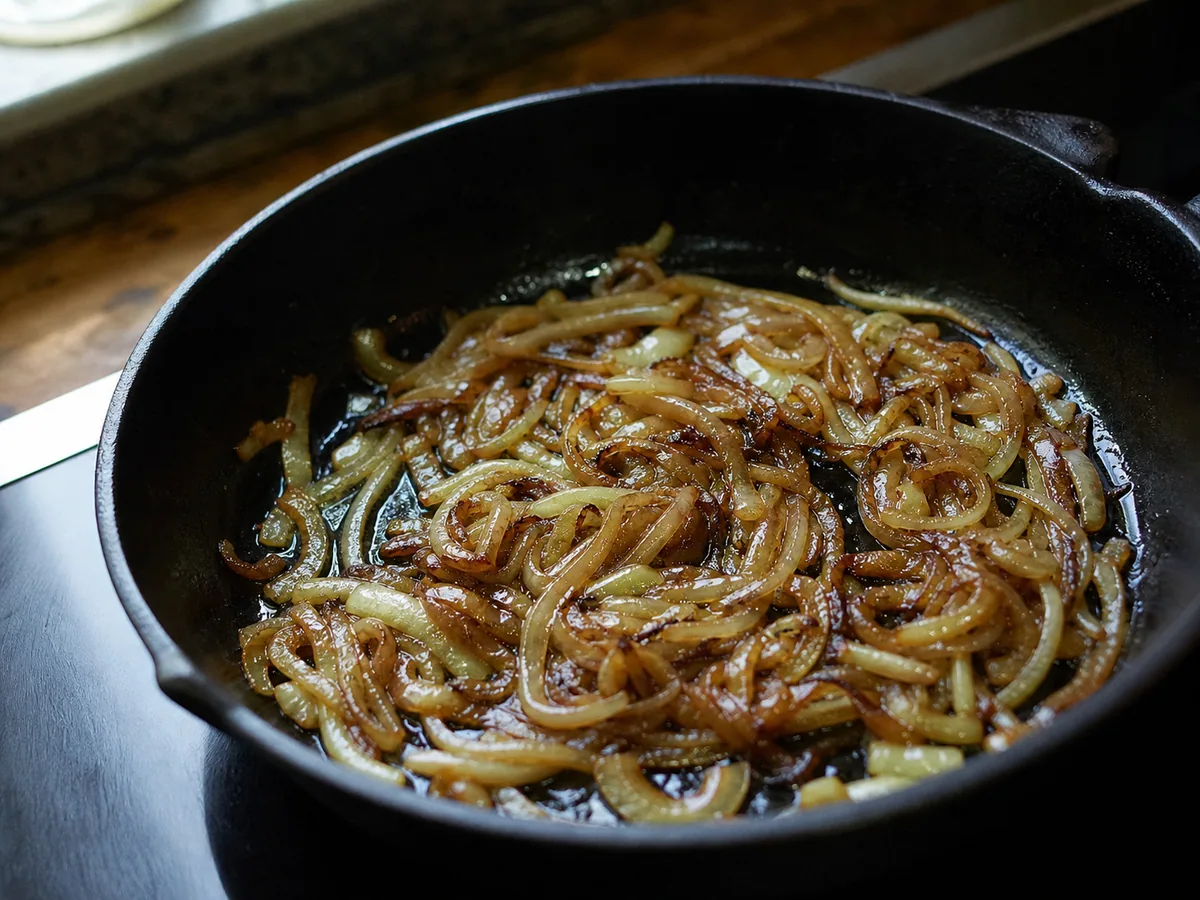 Cebolas-amarelas caramelizadas, bem douradas, em uma frigideira larga para Käsespätzle austríaco
