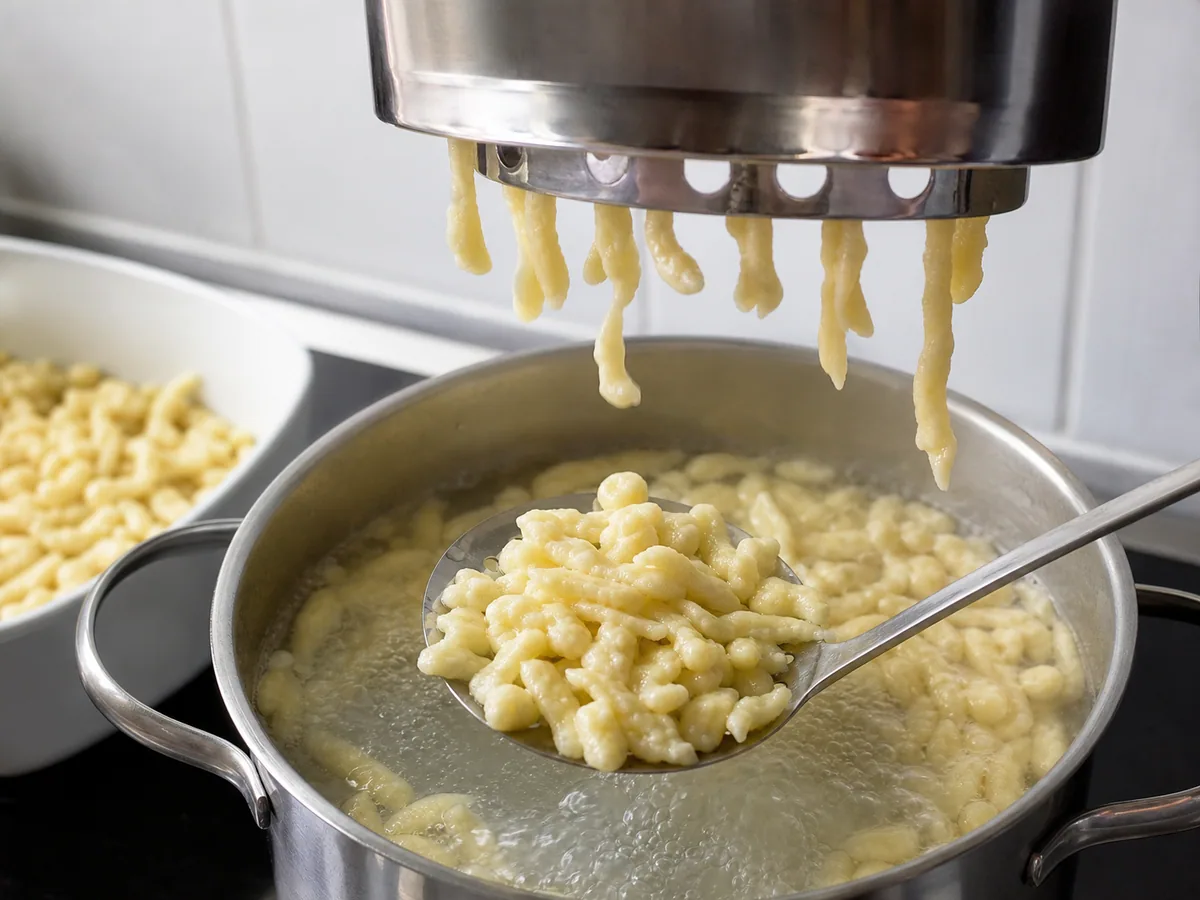 Spätzle austríaco completamente cozido flutuando em água fervente, com uma unidade aberta mostrando o centro firme