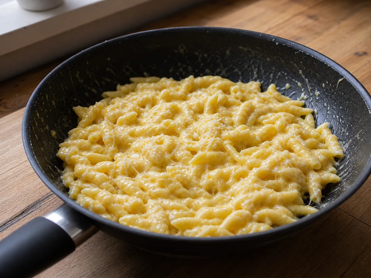 Spätzle austríaco coberto por queijo alpino derretido e liso em uma frigideira, antes de receber as cebolas