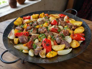 Saj azerbaiyano de cordero con papas doradas, pimientos, tomates, perejil y zumaque