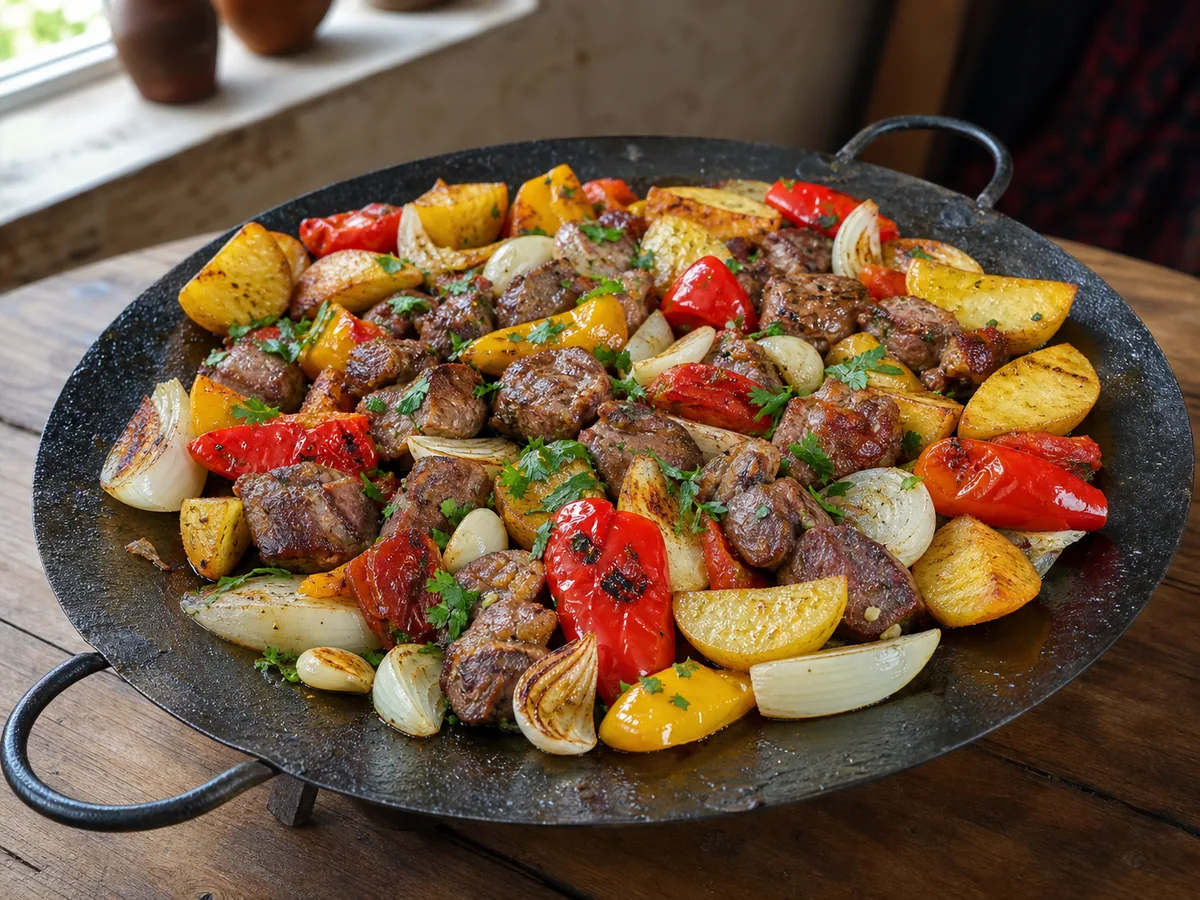 Saj azerbaiyano de cordero con papas doradas, pimientos, tomates, perejil y zumaque