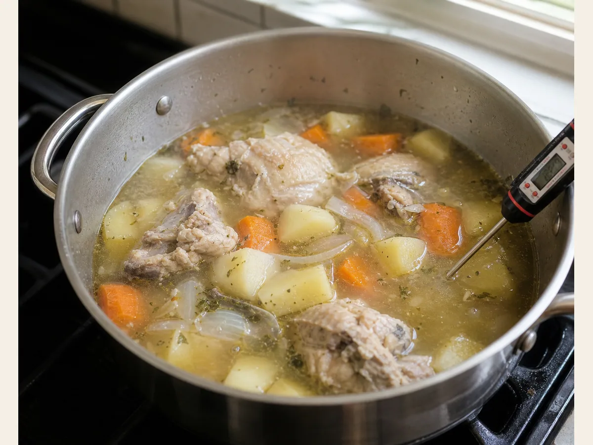Pollo completamente cocido y papas tiernas al tenedor hirviendo suavemente en el caldo de sopa bahamesa