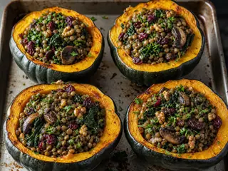 Mitades de calabaza bellota asada rellenas de lentejas, champiñones, kale, arándanos secos y nueces
