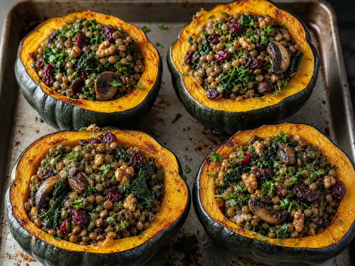 Roasted acorn squash halves filled with lentils, mushrooms, kale, cranberries, and walnuts
