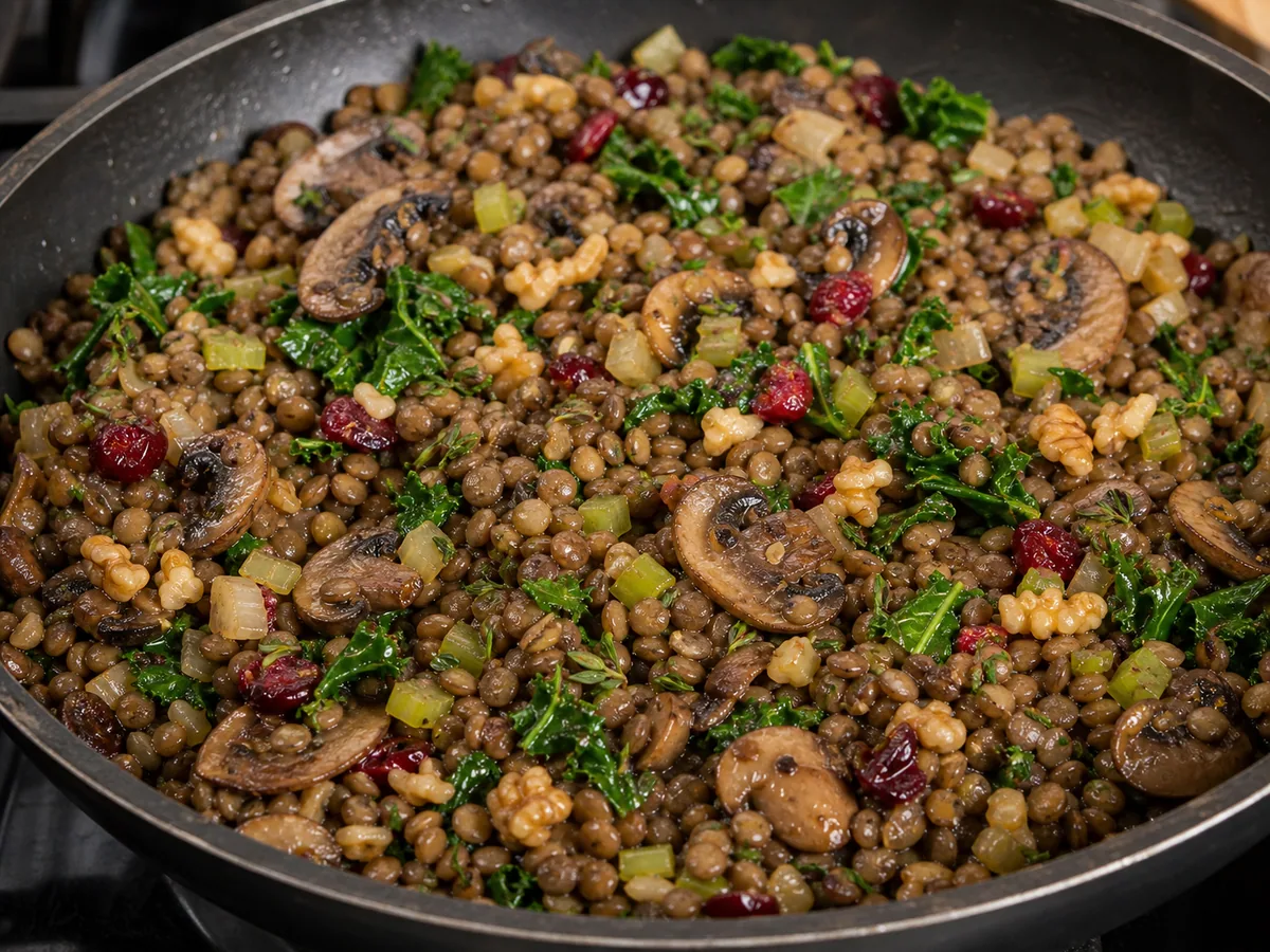 Finished lentil stuffing with browned mushrooms, kale, cranberries, and walnuts in a skillet
