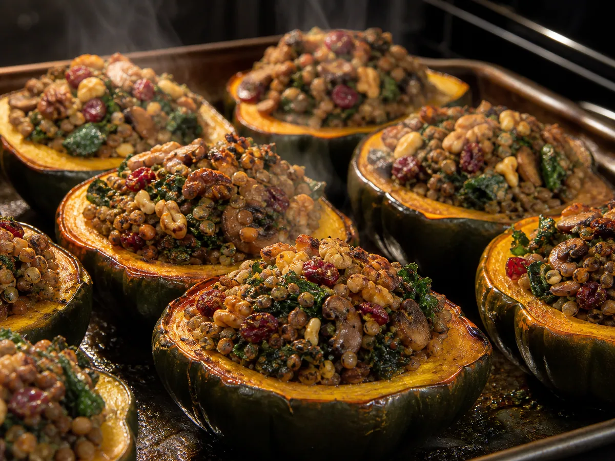 Roasted acorn squash halves packed with lentil filling on a baking sheet before the final bake