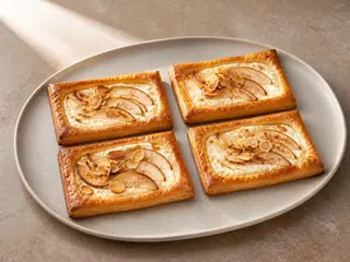 Four baked pear and ricotta breakfast tartlets with golden pastry and sliced almonds