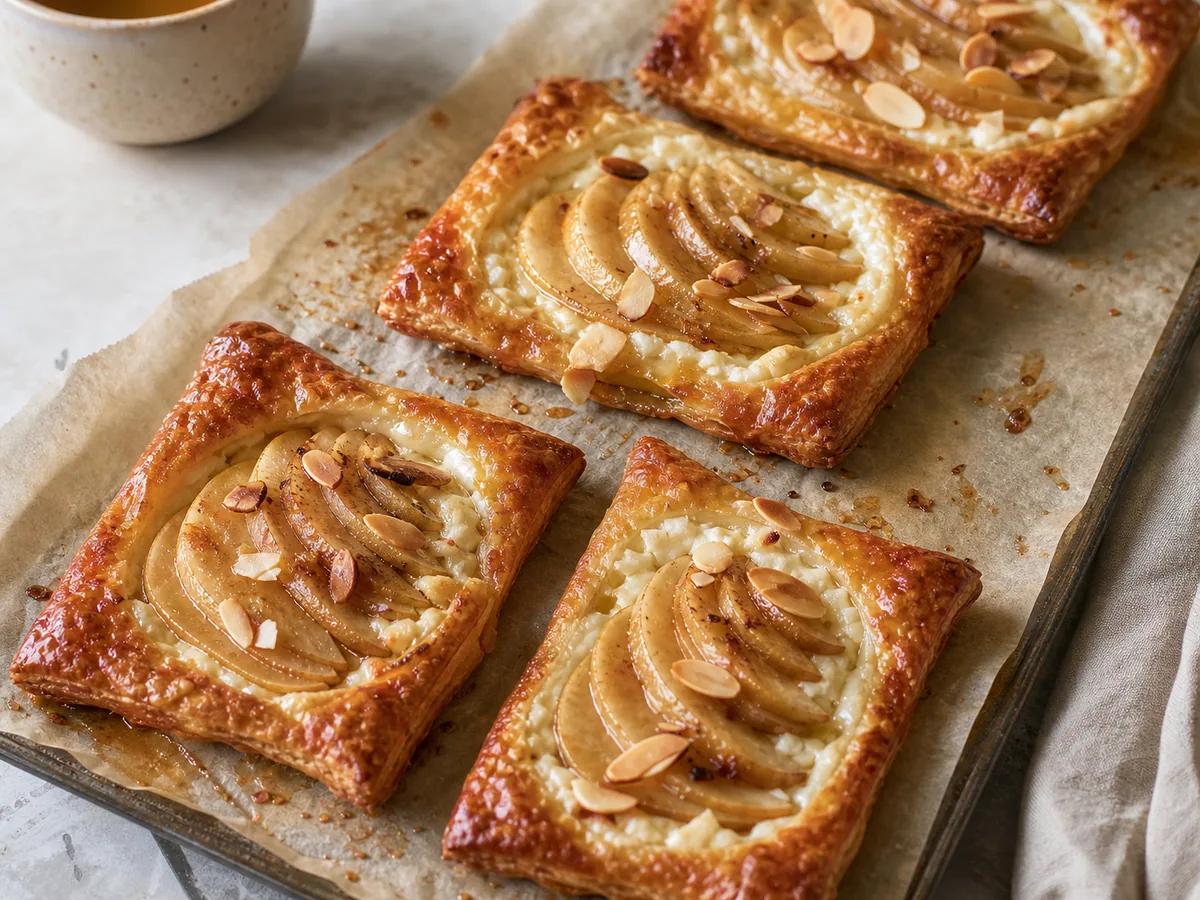 Four baked pear and ricotta breakfast tartlets with golden pastry and sliced almonds