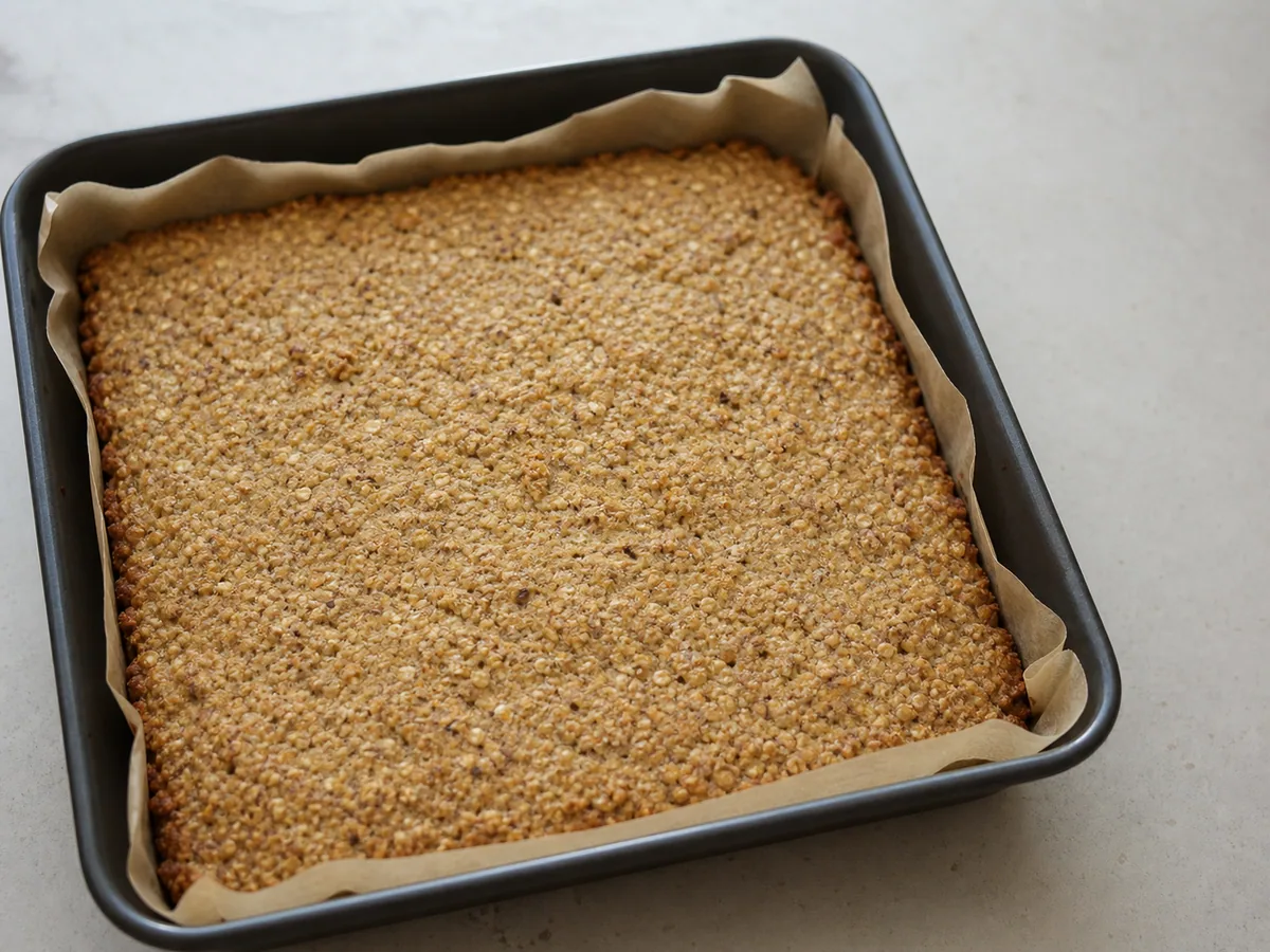 Baked banana millet breakfast bar slab with a dry lightly golden top in the parchment-lined pan