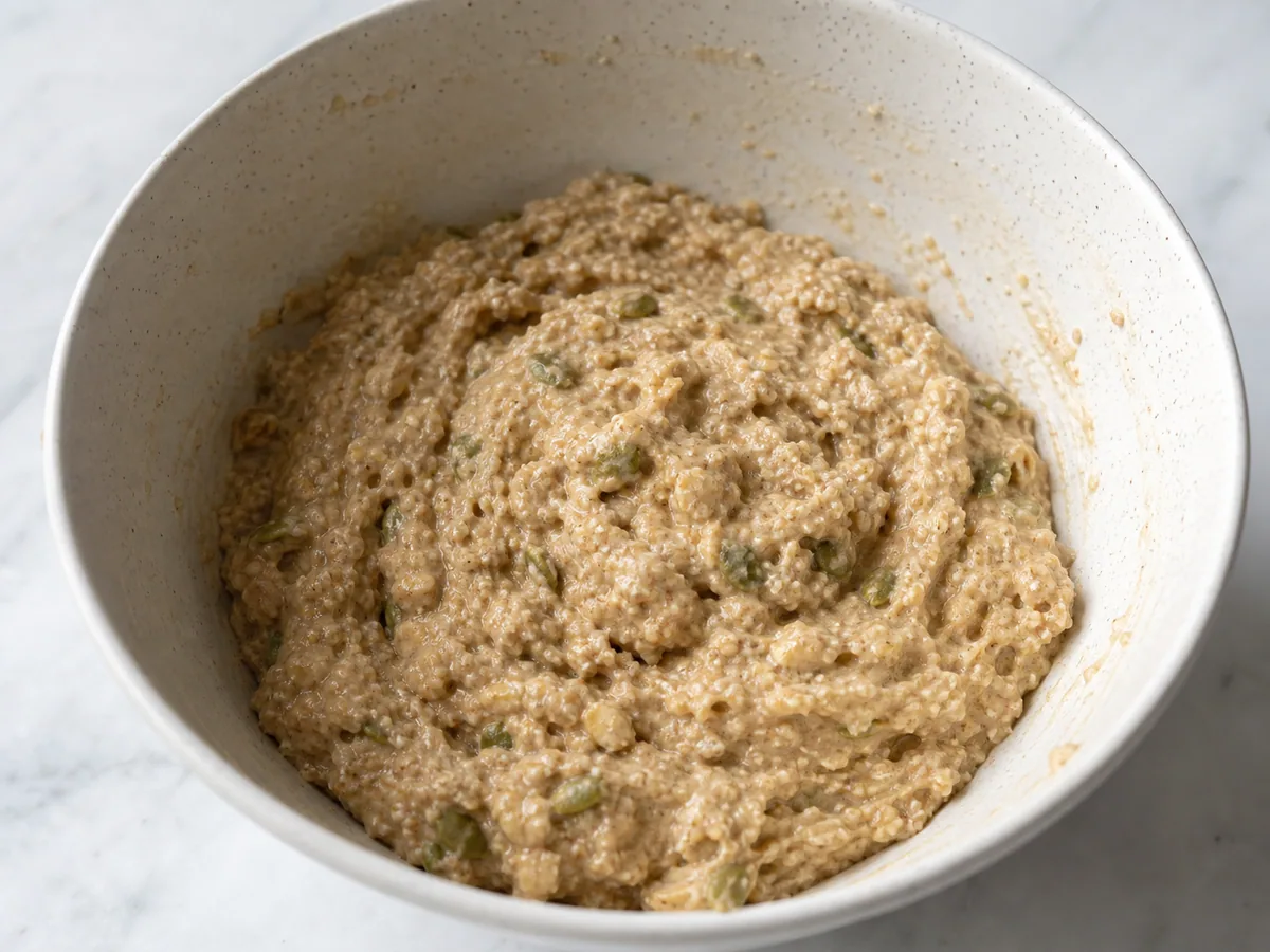 Thick hydrated banana millet breakfast bar batter with oats and pumpkin seeds in a mixing bowl