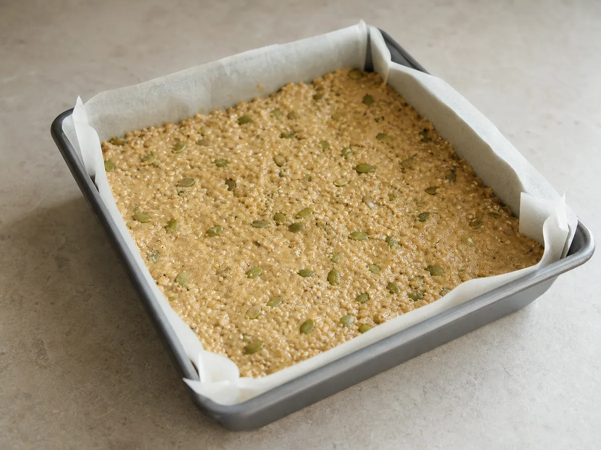 Thick banana millet breakfast bar batter pressed evenly into a parchment-lined square pan