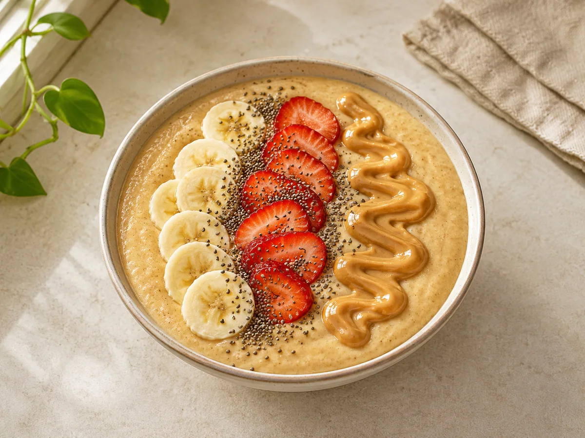 Tigela de smoothie de banana e pasta de amendoim, coberta com morangos, rodelas de banana, sementes de chia e pasta de amendoim
