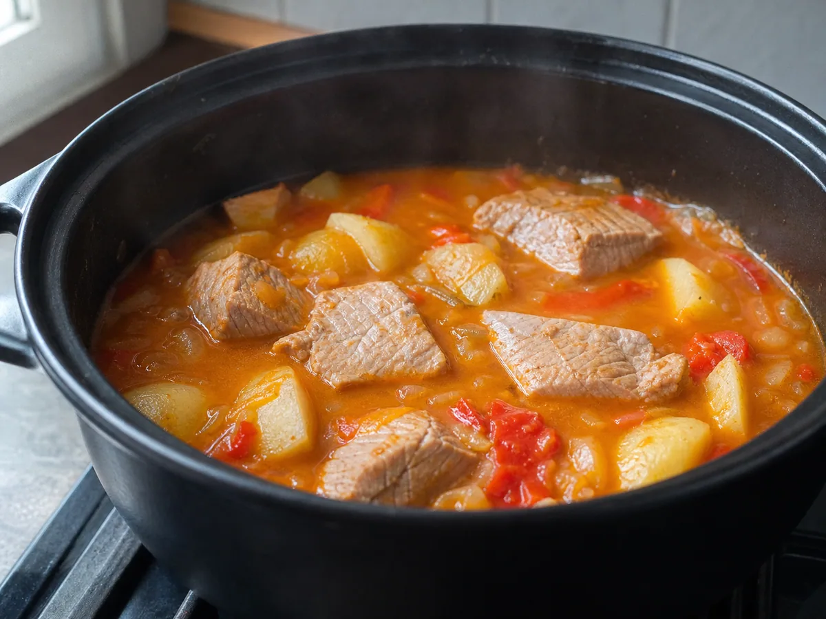Cubos de atum totalmente cozidos e opacos, no ponto seguro do marmitako basco