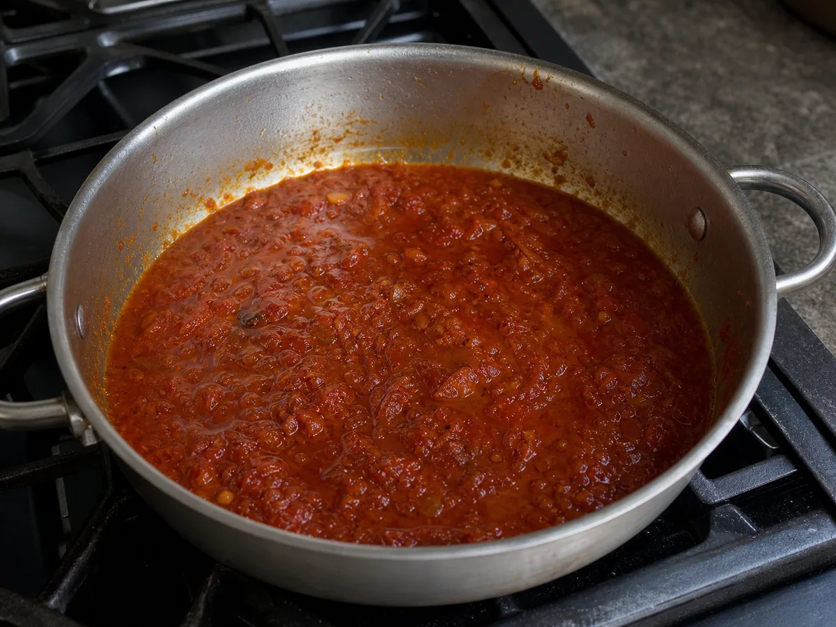 Base polpuda de pimentões e tomate para o marmitako basco de atum, antes de juntar as batatas