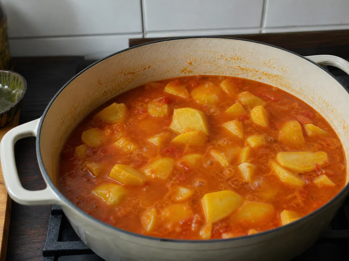 Batatas macias, de bordas ásperas, no caldo levemente encorpado do marmitako, antes de juntar o atum