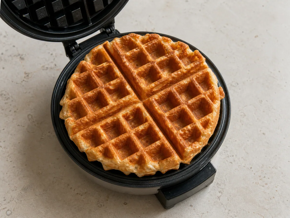 Waffle belga de levadura, bien dorado y crujiente, en una waflera abierta