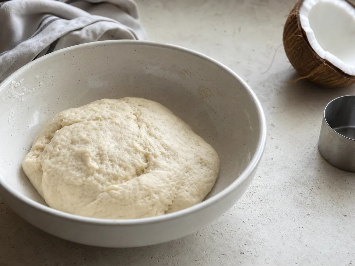 Massa macia de Johnny cakes belizenhos recém-misturada em uma tigela, antes de descansar