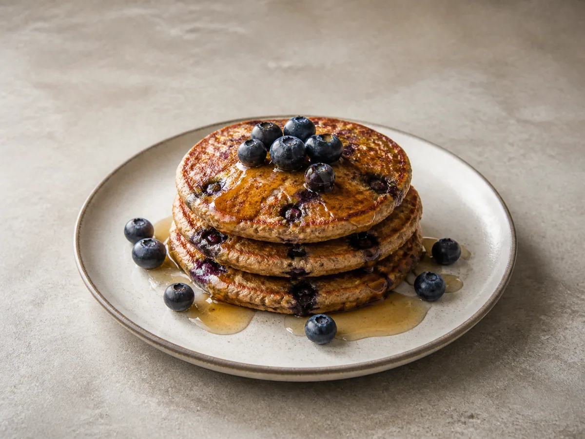 Stack of blueberry buckwheat pancakes with maple syrup
