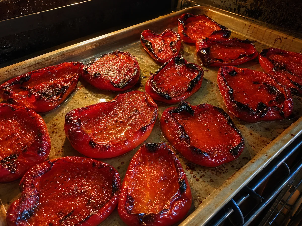 Blistered roasted red pepper halves on a sheet pan for Bosnian tarhana soup
