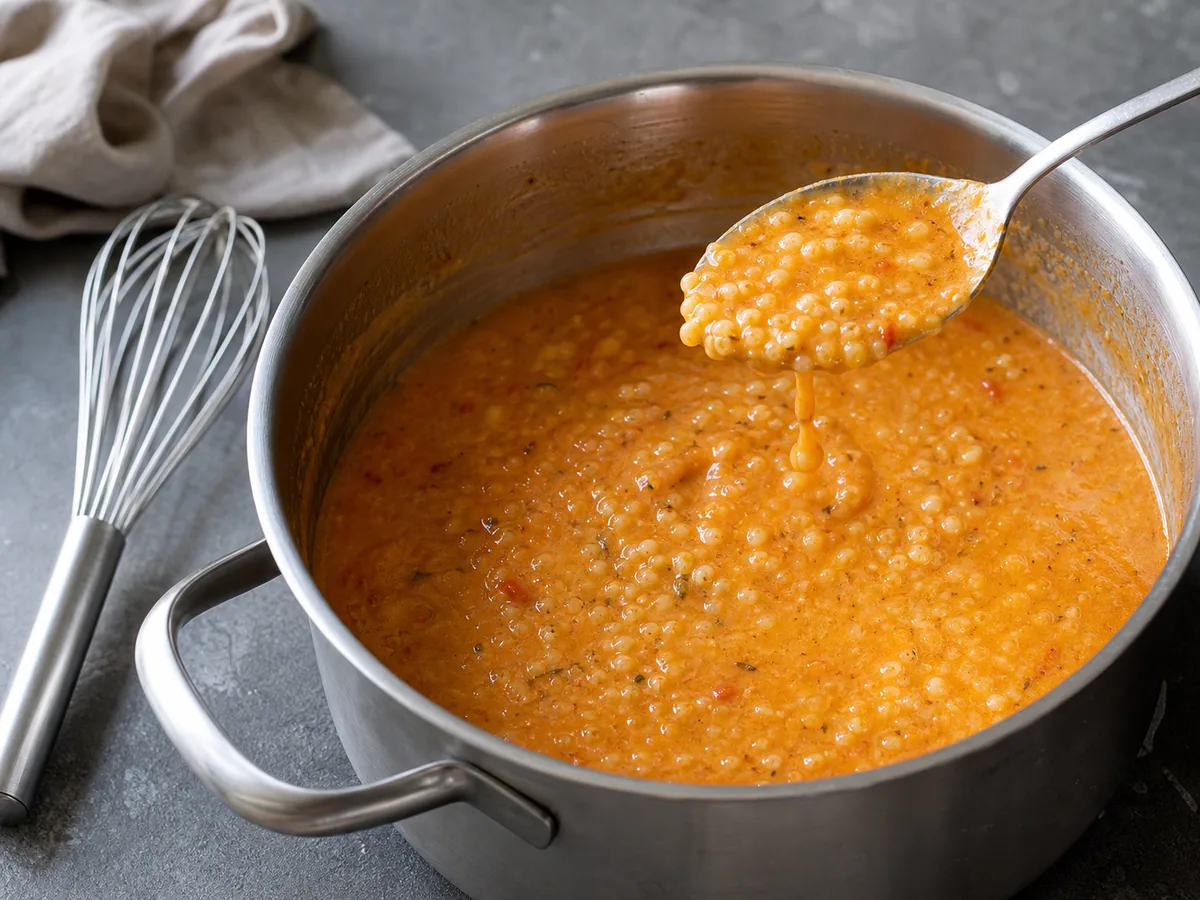 Thickened Bosnian tarhana soup with tender pasta grains in a cooking pot
