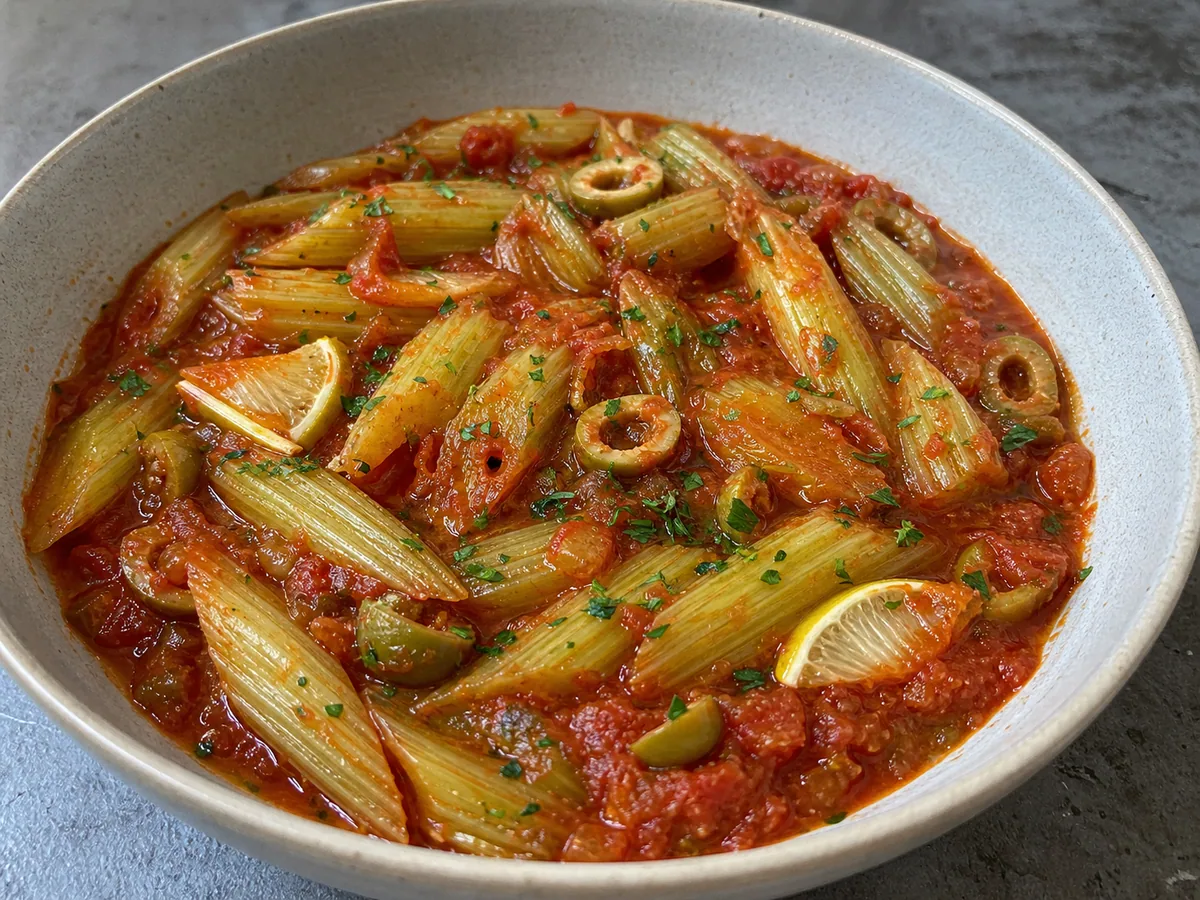 Tigela rasa de aipo braseado em molho de tomate com azeitonas verdes e salsinha
