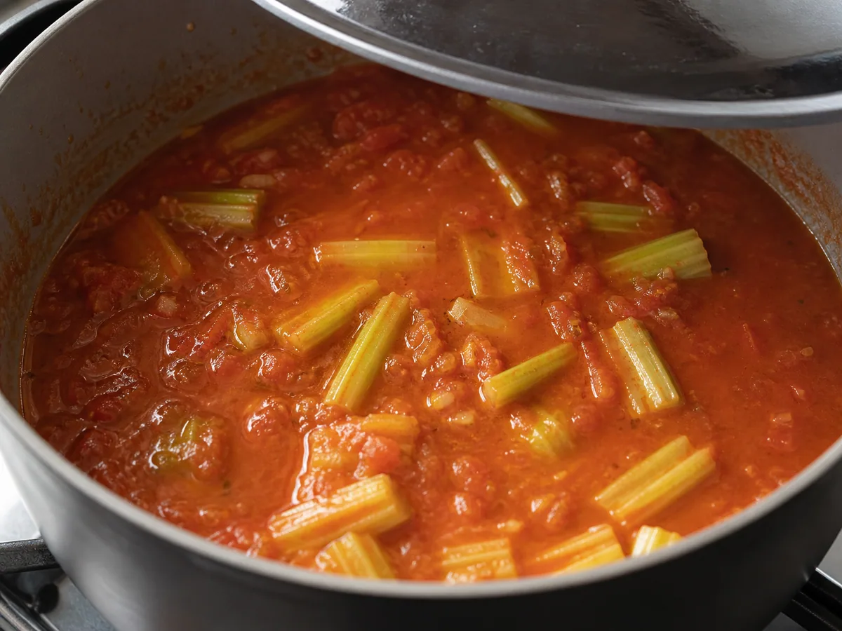 Partly tender celery pieces in a loose tomato sauce after the covered braise