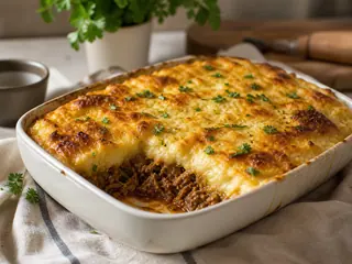 Golden cheese-topped Brazilian beef escondidinho with cassava mash and a visible beef layer