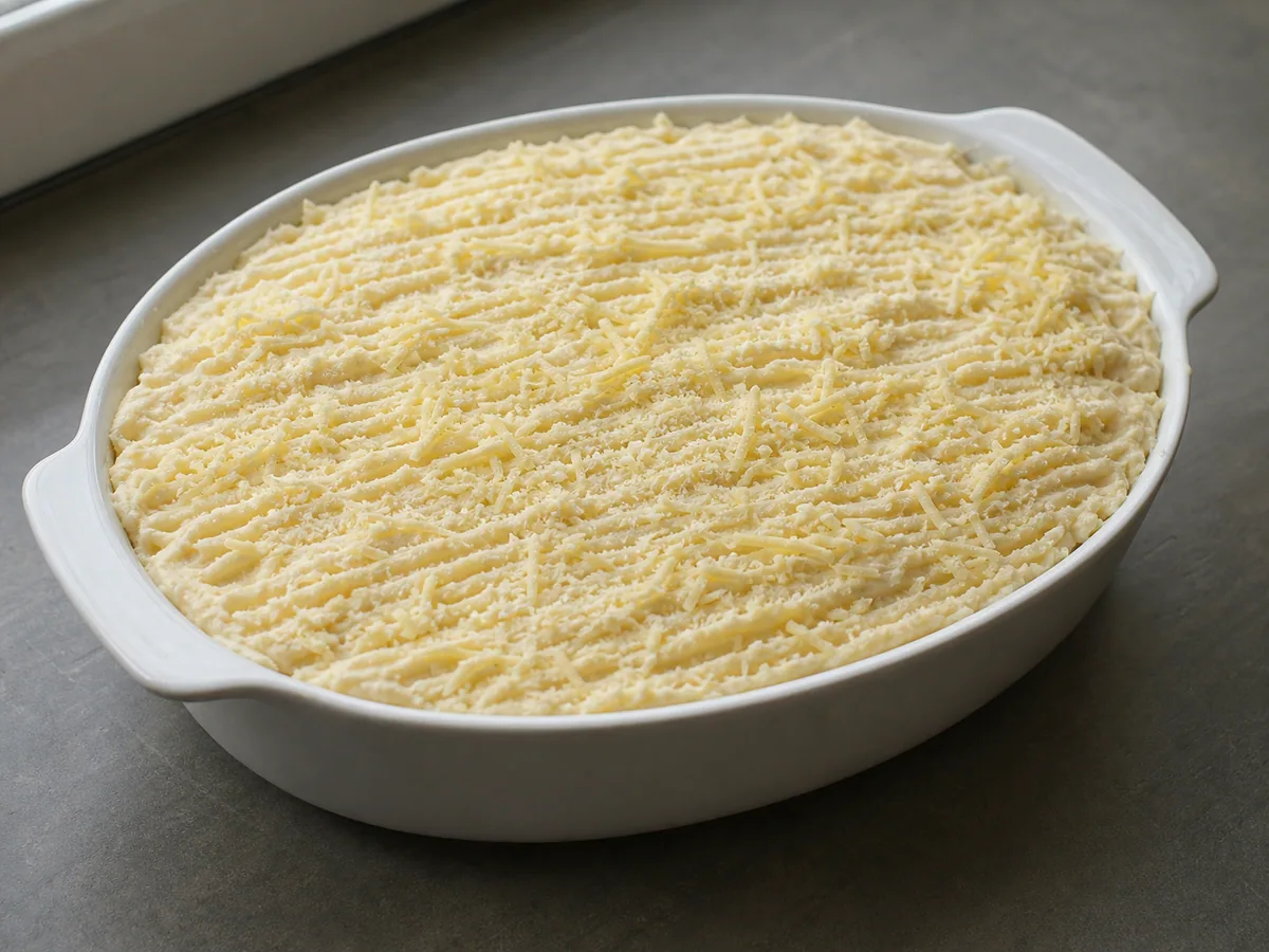 Escondidinho de carne antes de assar, coberto com purê de mandioca e queijo não derretido, em uma assadeira cerâmica rasa