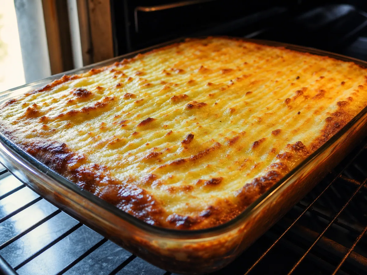 Escondidinho de carne assado e inteiro, borbulhando nas bordas e com sulcos dourados de queijo