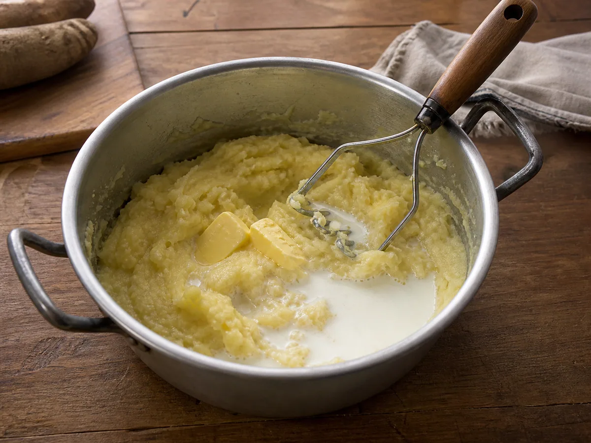 Purê cremoso e espesso de mandioca, com marcas suaves, em uma panela