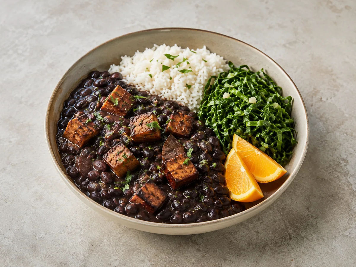 Brazilian black bean feijoada with smoked tofu, rice, collard greens, and orange wedges