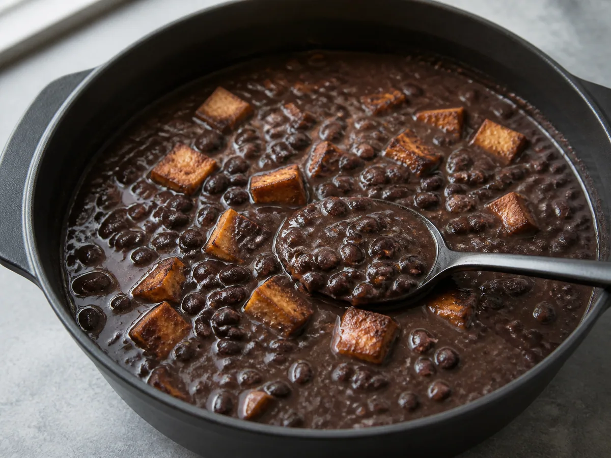 Feijoada brilhante de feijão preto com tofu defumado dourado cozinhando em uma panela pesada