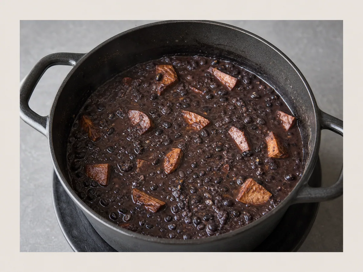 Feijoada cozinhando e engrossando durante o preparo