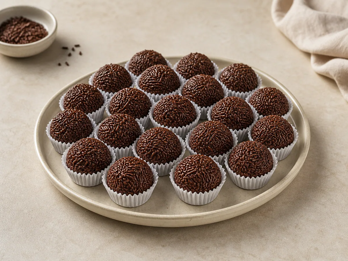 Brazilian brigadeiros coated in chocolate sprinkles and set in paper candy cups