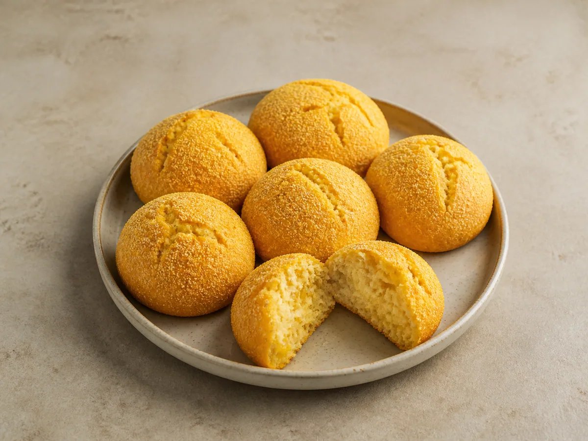 Golden Brazilian cornmeal bread rounds with crackled tops and a tender cheese-filled center