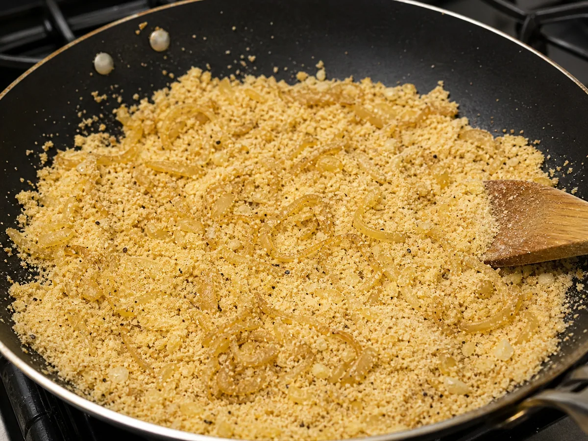 Migas sueltas de yuca con cebolla dorada, tostándose en la sartén