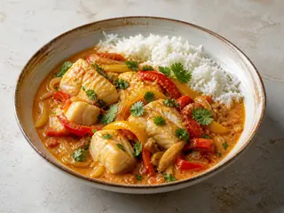 Brazilian fish moqueca with coconut broth, peppers, cilantro, and white rice