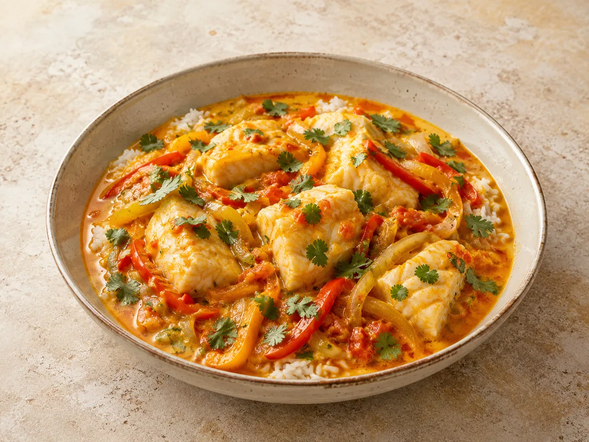 Brazilian fish moqueca with coconut broth, peppers, cilantro, and white rice