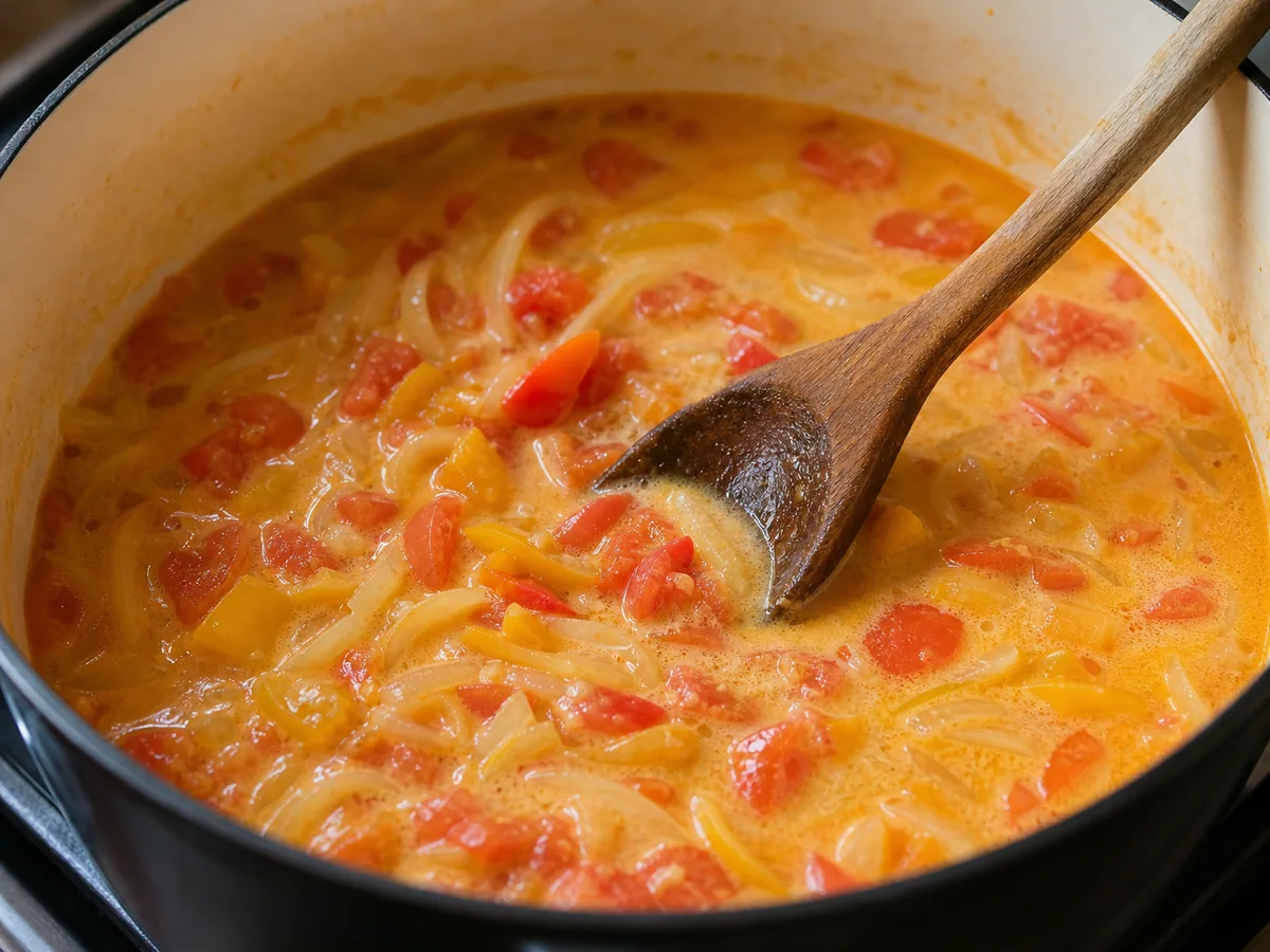 Caldo dourado de coco e tomate fervendo suavemente antes de adicionar o peixe à moqueca brasileira