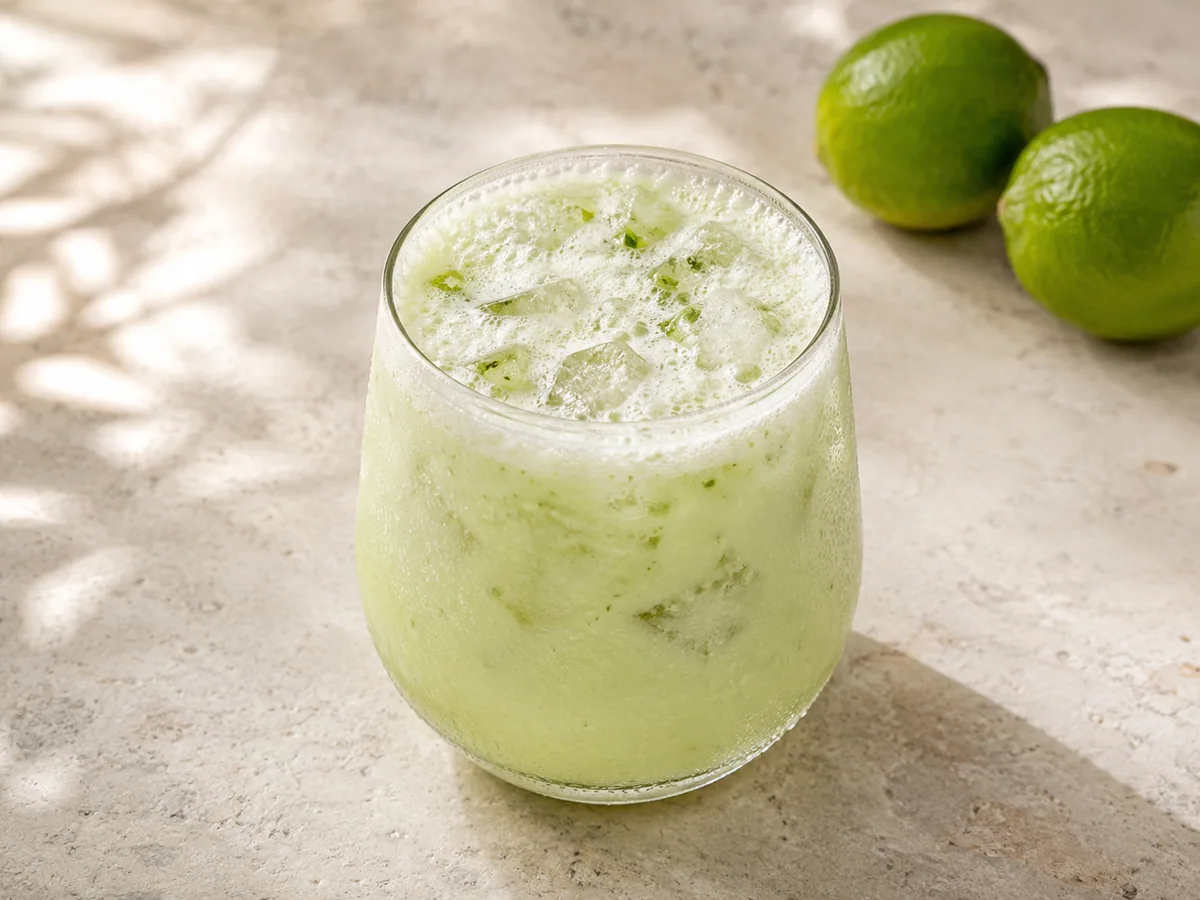 Copo de limonada brasileira verde-clara, com espuma cremosa e gelo picado