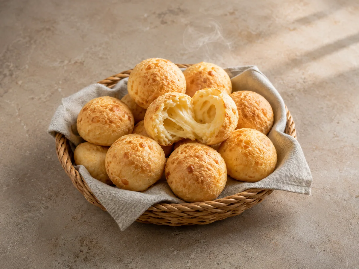 Basket of warm Brazilian pão de queijo with crisp golden shells