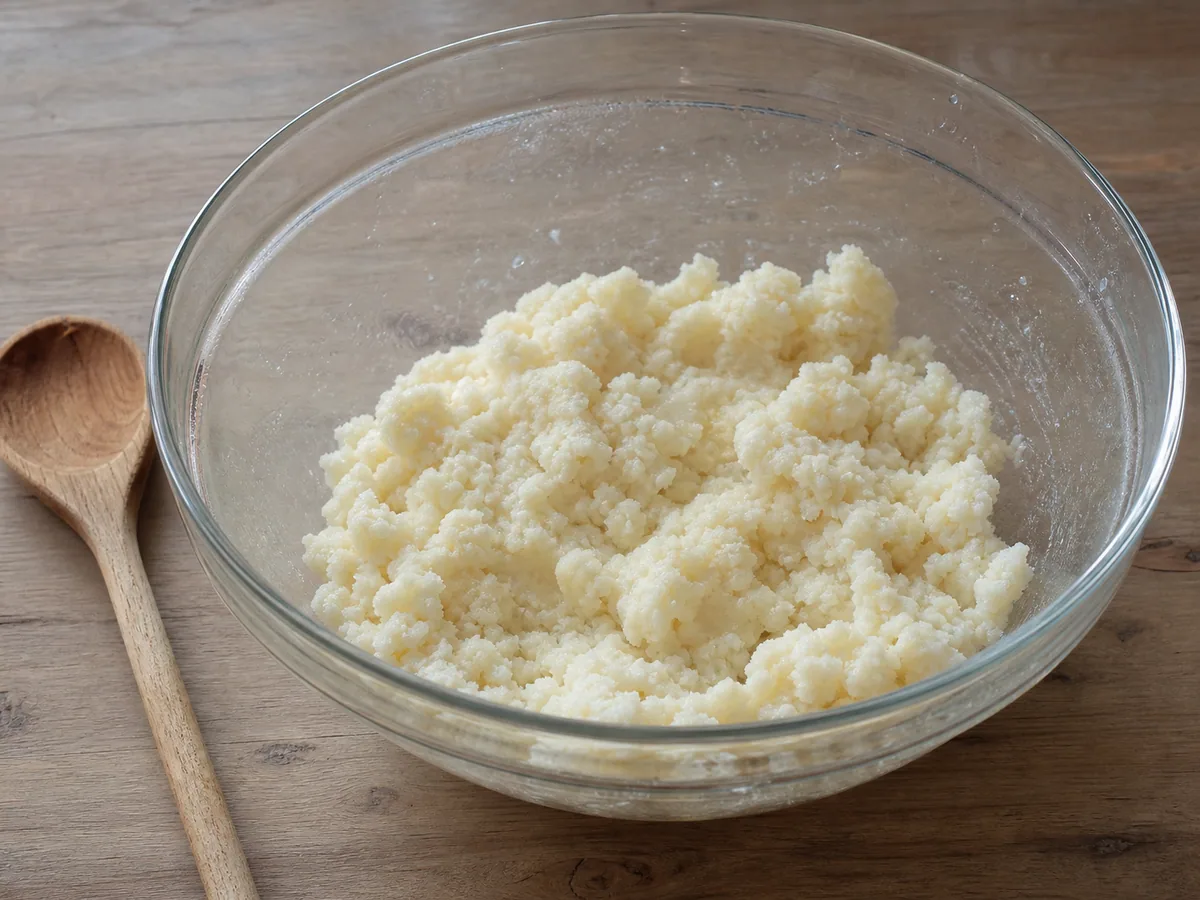 Mezcla áspera y uniformemente humedecida de almidón de tapioca escaldado en un tazón resistente al calor